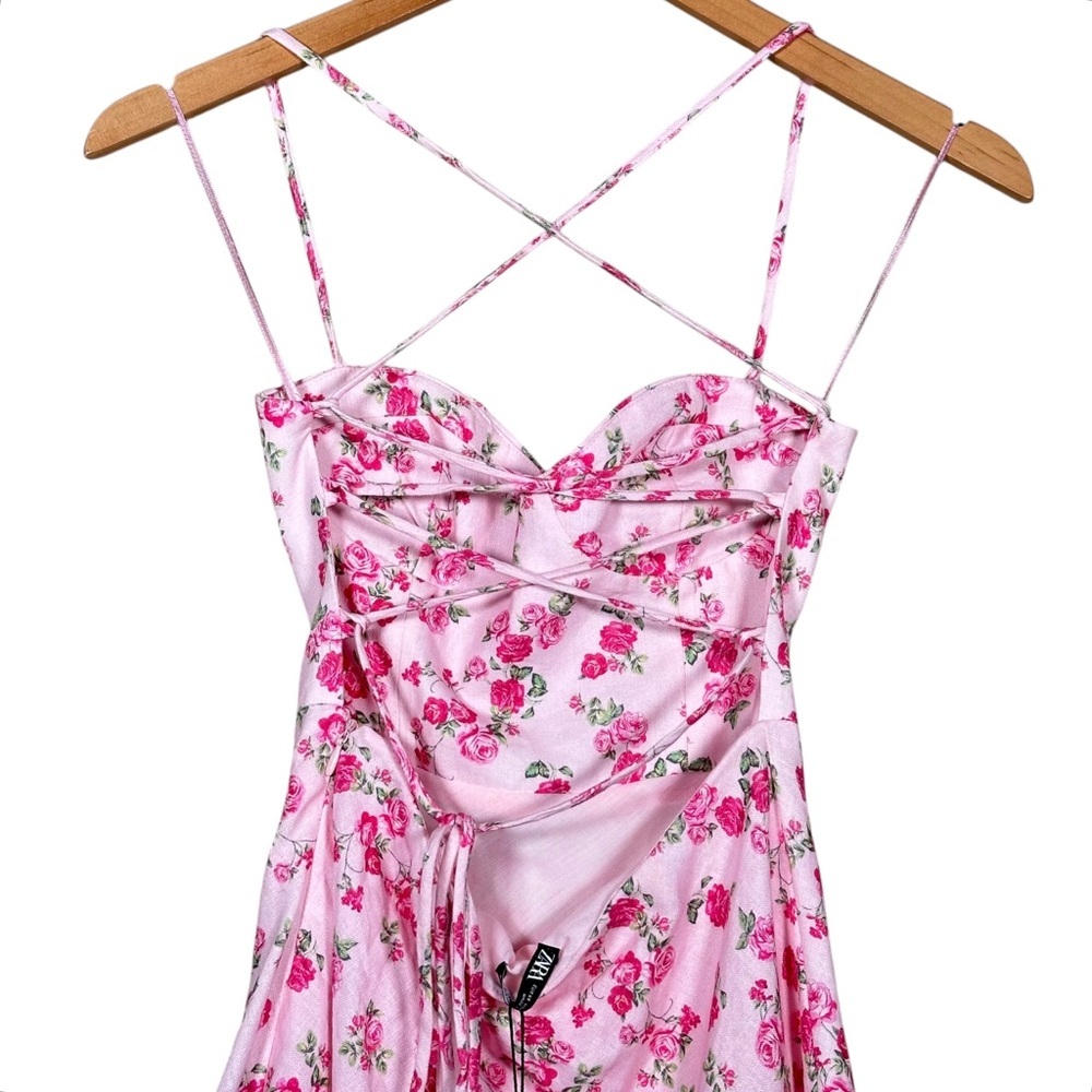 ZARA Dainty Floral Linen Fit & Flare Strappy Mini Dress - Picture 9 of 15